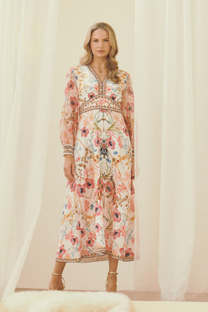 Pink | Floral Border Print V-Neck Maxi Dress : Model is 5'10