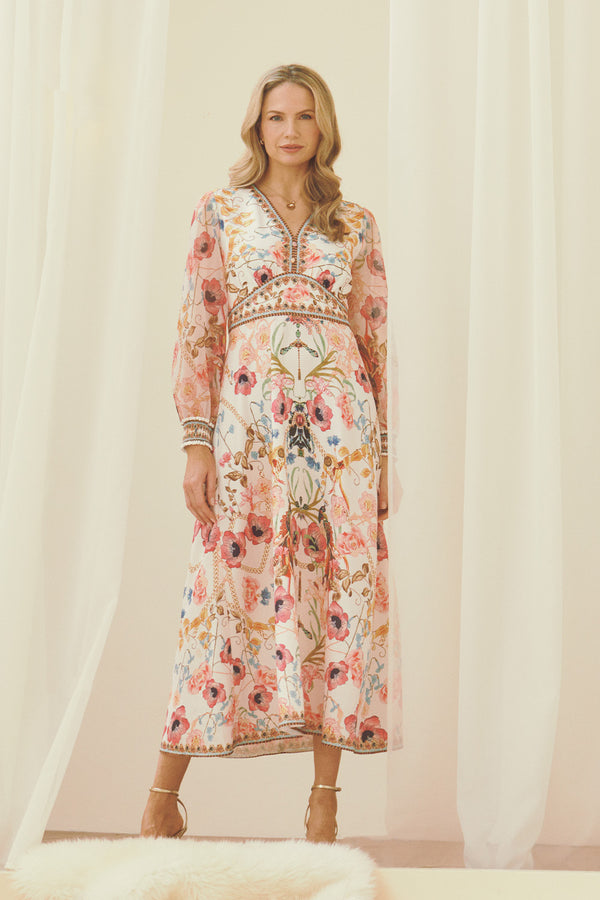 Pink | Floral Border Print V-Neck Maxi Dress : Model is 5'10"/178 cm and wears UK10/EU38/US6/AUS10