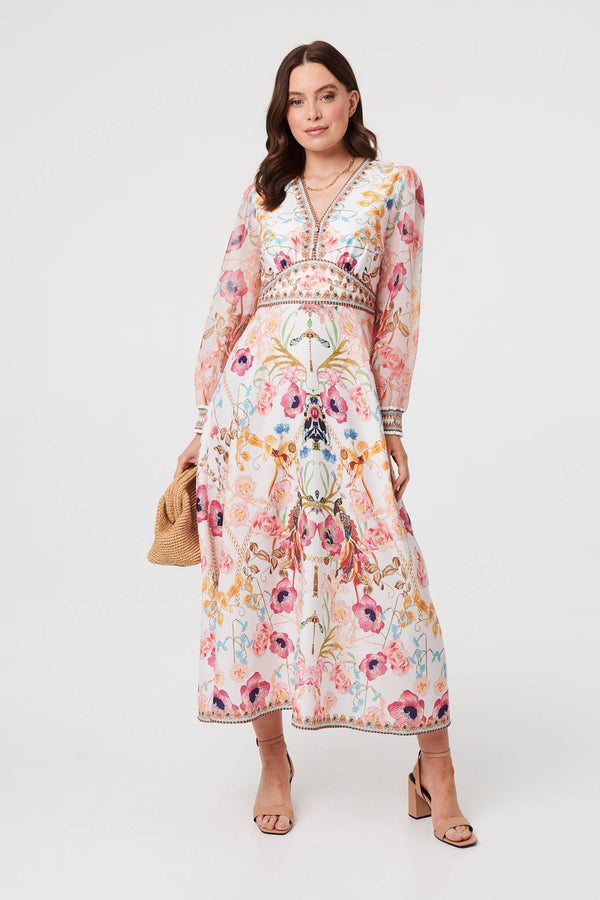 Pink | Floral Border Print V-Neck Maxi Dress