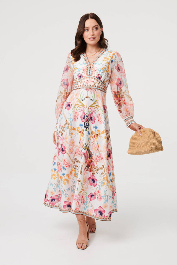 Pink | Floral Border Print V-Neck Maxi Dress
