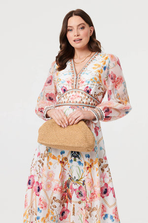 Pink | Floral Border Print V-Neck Maxi Dress