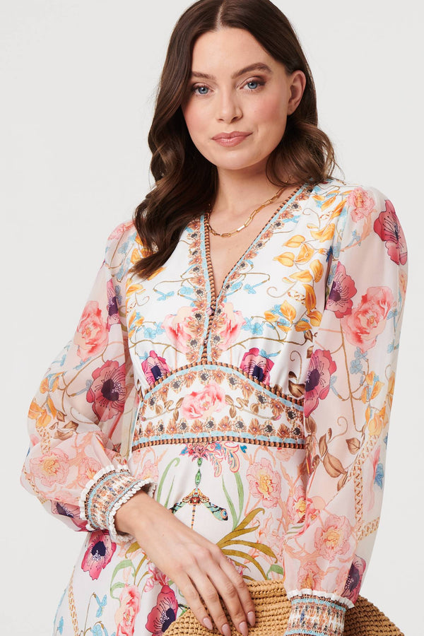 Pink | Floral Border Print V-Neck Maxi Dress