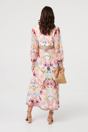 Pink | Floral Border Print V-Neck Maxi Dress