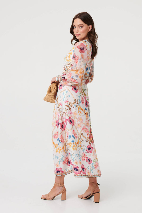 Pink | Floral Border Print V-Neck Maxi Dress