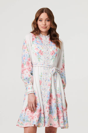 White | Floral Border Print Short Skater Dress