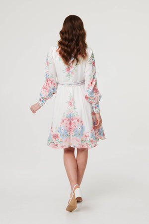 White | Floral Border Print Short Skater Dress