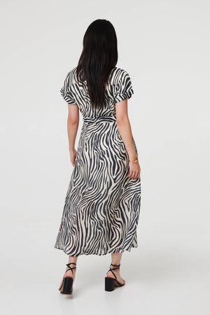 Black | Zebra Print Tie Waist Midi Shirt Dress