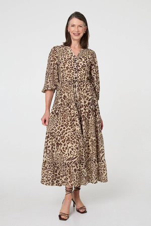 Brown | Animal Print 3/4 Puff Sleeve Midi Dress
