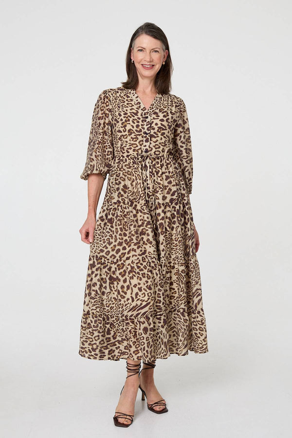 Brown | Animal Print 3/4 Puff Sleeve Midi Dress
