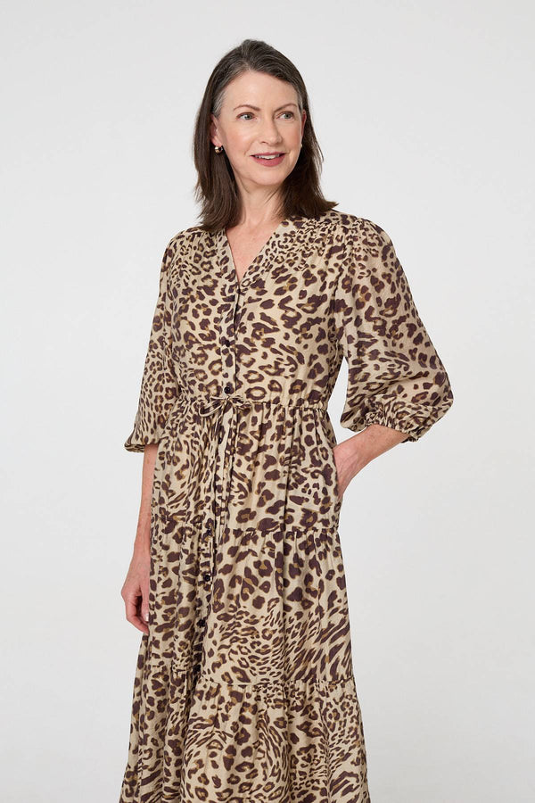 Brown | Animal Print 3/4 Puff Sleeve Midi Dress

