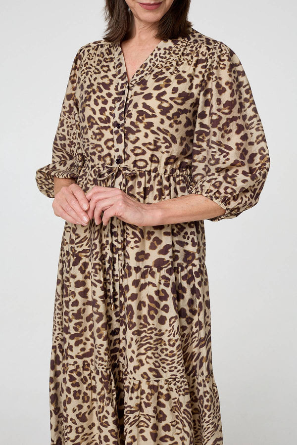 Brown | Animal Print 3/4 Puff Sleeve Midi Dress
