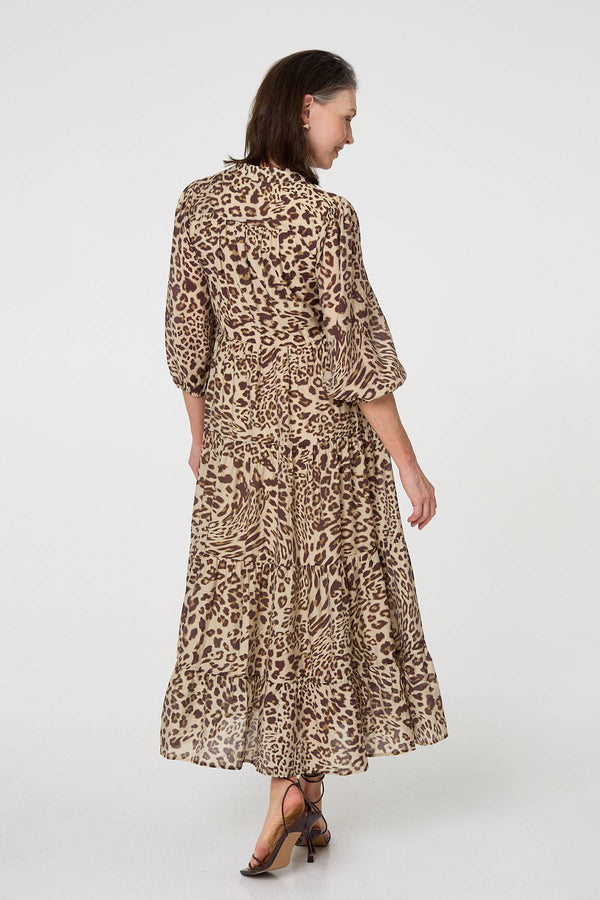 Brown | Animal Print 3/4 Puff Sleeve Midi Dress
