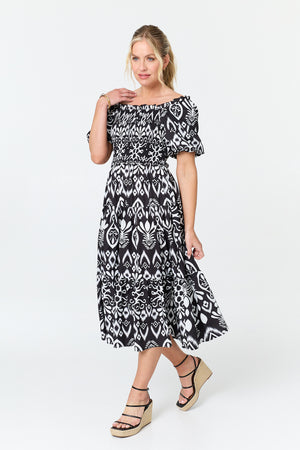 Black | Abstract Bardot Puff Sleeve Midi Dress