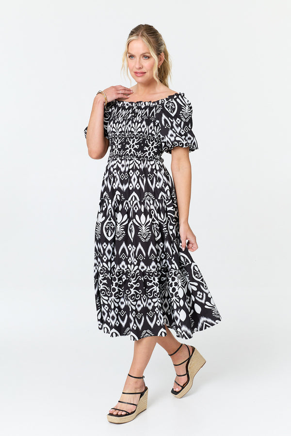 Black | Abstract Bardot Puff Sleeve Midi Dress
