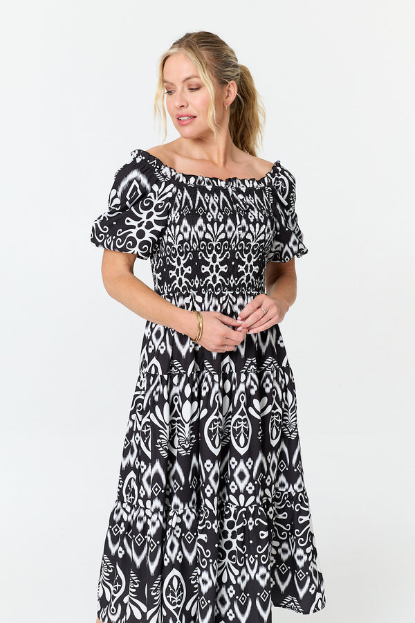 Black | Abstract Bardot Puff Sleeve Midi Dress