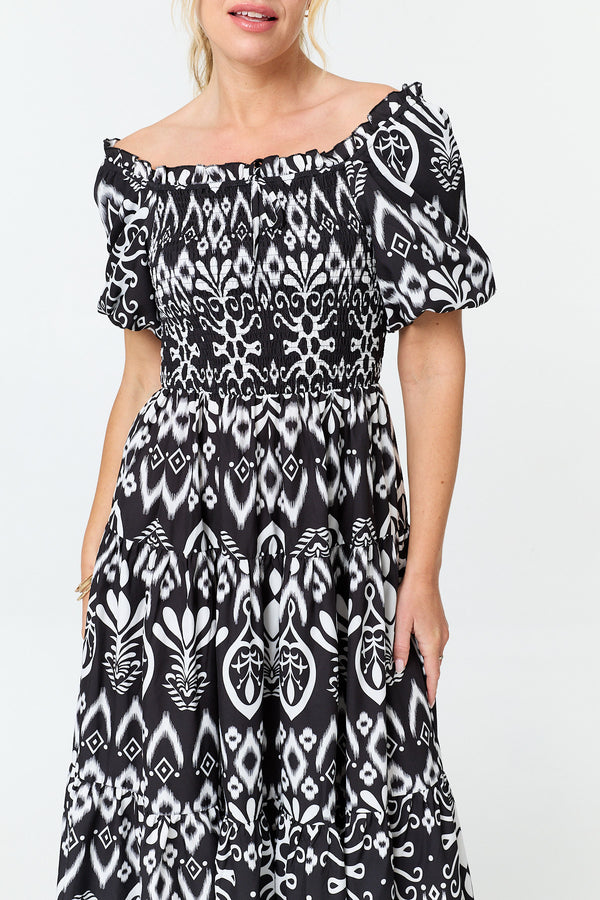 Black | Abstract Bardot Puff Sleeve Midi Dress