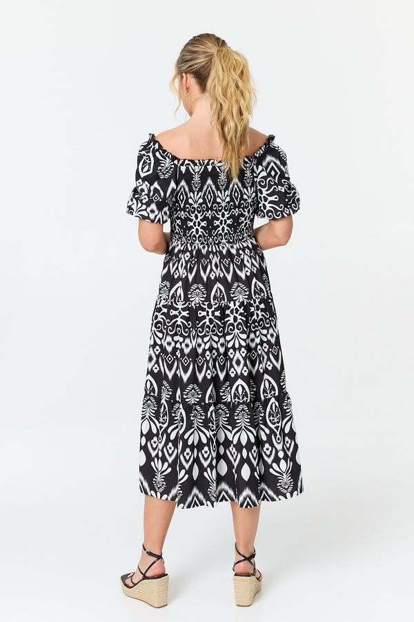 Black | Abstract Bardot Puff Sleeve Midi Dress