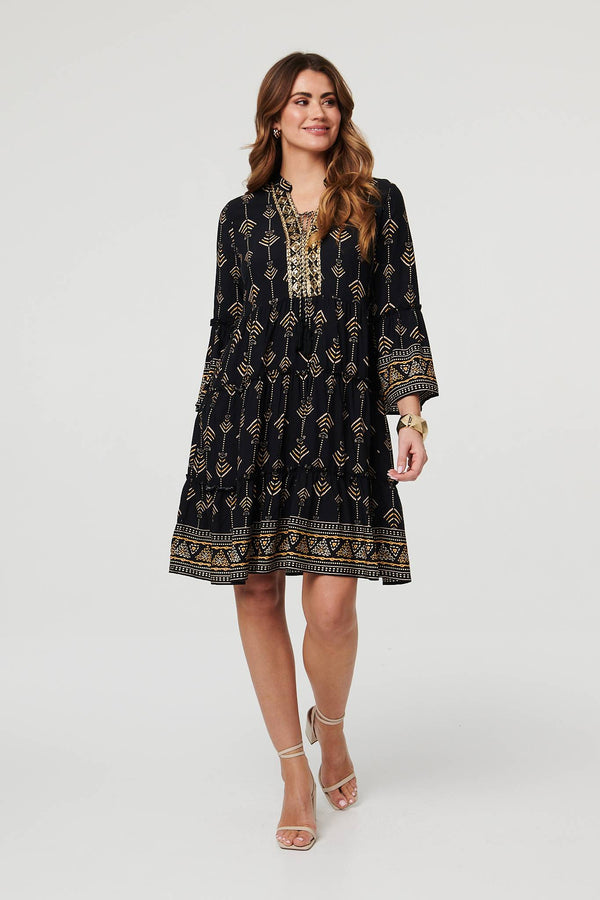 Black | Printed Metallic Trim Knee Length Dress