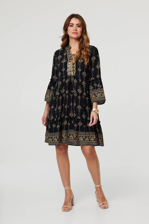 Black | Printed Metallic Trim Knee Length Dress