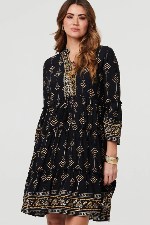 Black | Printed Metallic Trim Knee Length Dress