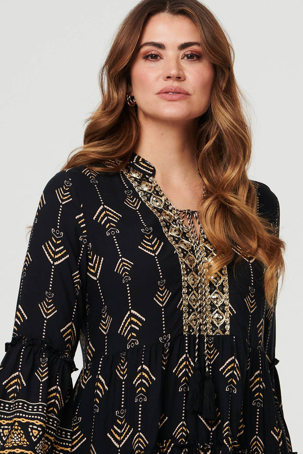 Black | Printed Metallic Trim Knee Length Dress