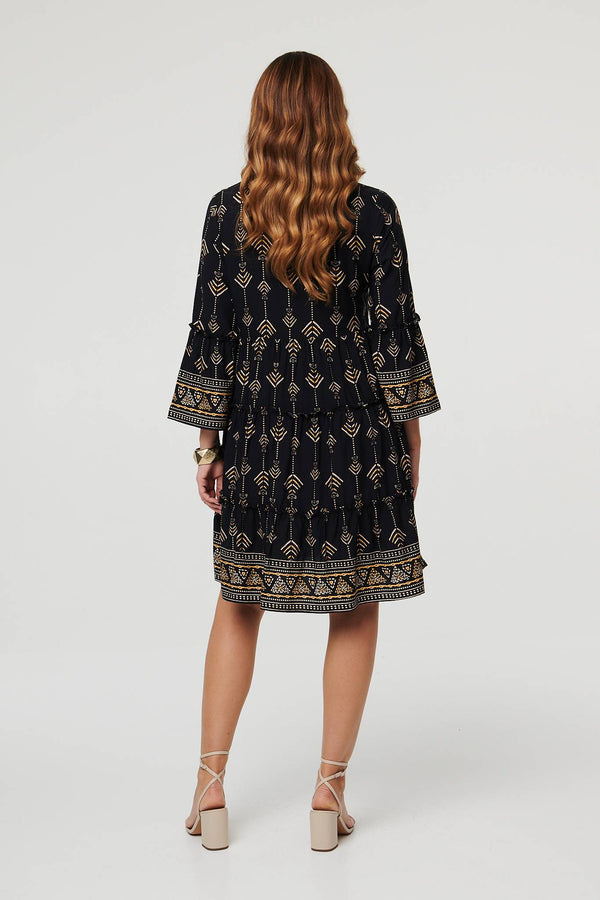 Black | Printed Metallic Trim Knee Length Dress