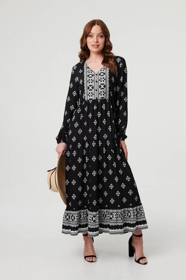 Black | Printed Long Sleeve Smocked Maxi Dress