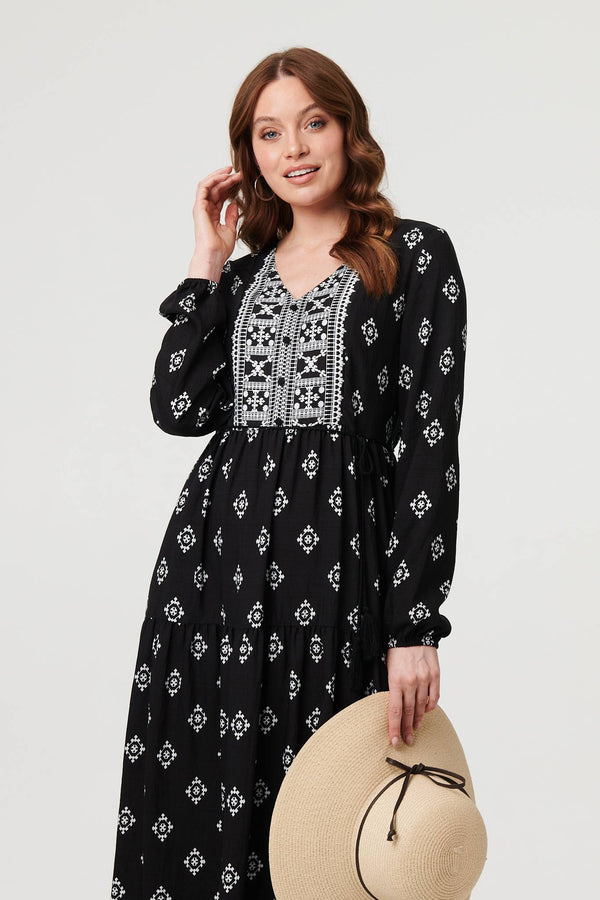 Black | Printed Long Sleeve Smocked Maxi Dress