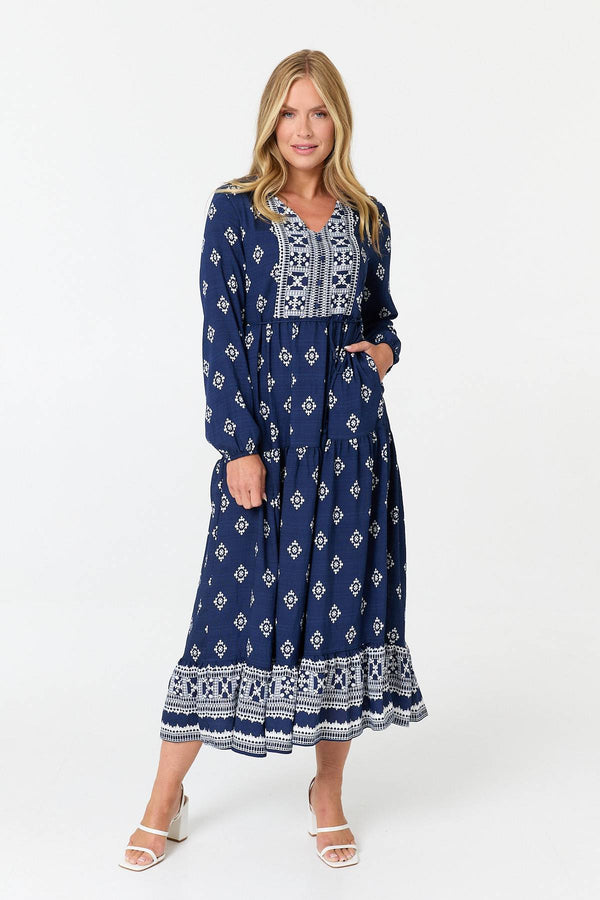 Navy | Printed Long Sleeve Smocked Maxi Dress