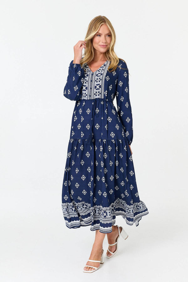 Navy | Printed Long Sleeve Smocked Maxi Dress