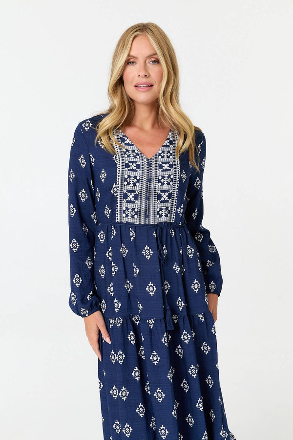 Navy | Printed Long Sleeve Smocked Maxi Dress