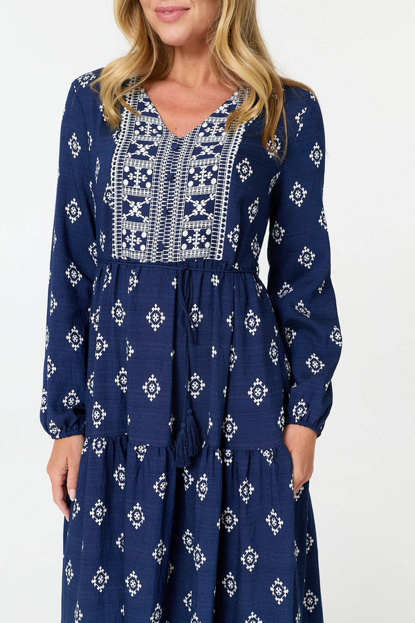 Navy | Printed Long Sleeve Smocked Maxi Dress