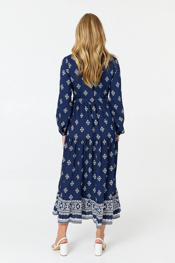 Navy | Printed Long Sleeve Smocked Maxi Dress