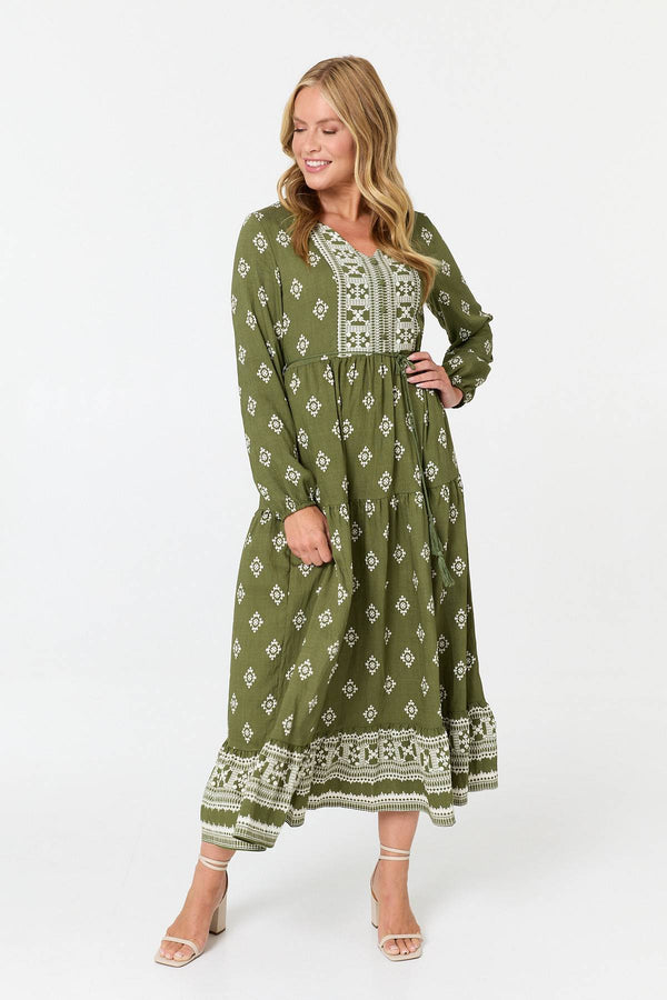 Sage | Printed Long Sleeve Smocked Maxi Dress