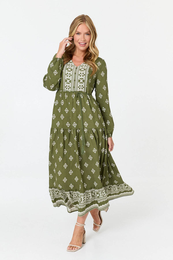 Sage | Printed Long Sleeve Smocked Maxi Dress