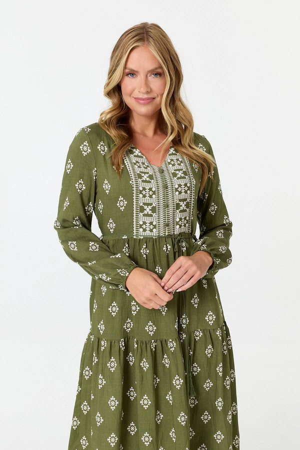 Sage | Printed Long Sleeve Smocked Maxi Dress