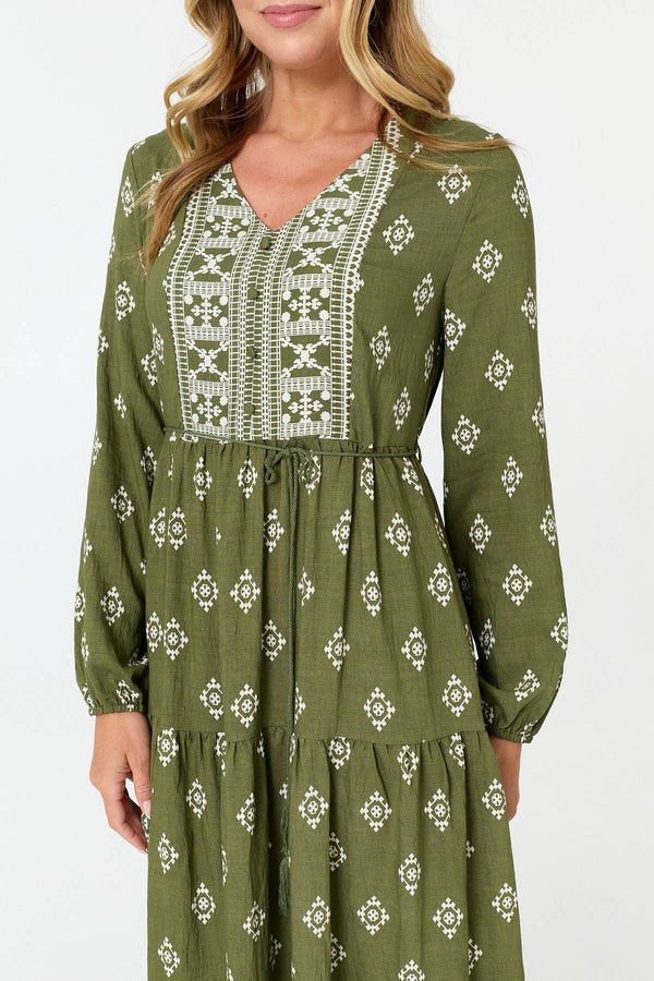 Sage | Printed Long Sleeve Smocked Maxi Dress