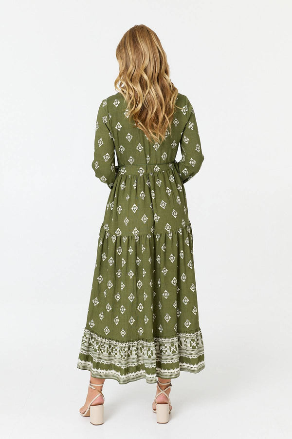 Sage | Printed Long Sleeve Smocked Maxi Dress