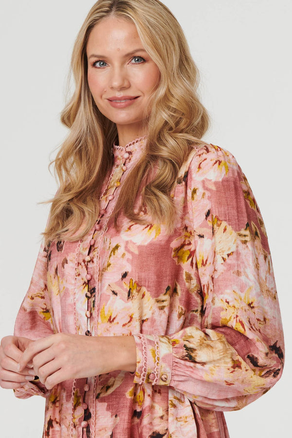 Red | Floral Long Sleeve Short Shirt Dress