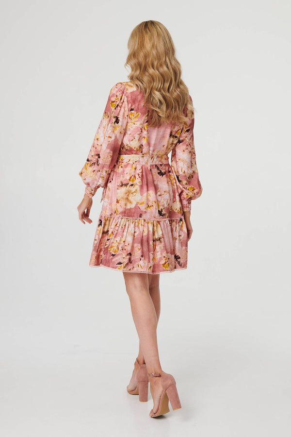 Red | Floral Long Sleeve Short Shirt Dress