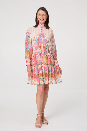 Orange | Floral Frill Hem Knee Length Shirt Dress