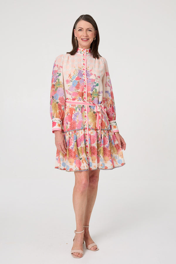 Orange | Floral Frill Hem Knee Length Shirt Dress