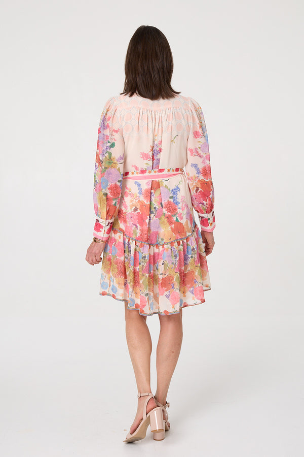 Orange | Floral Frill Hem Knee Length Shirt Dress