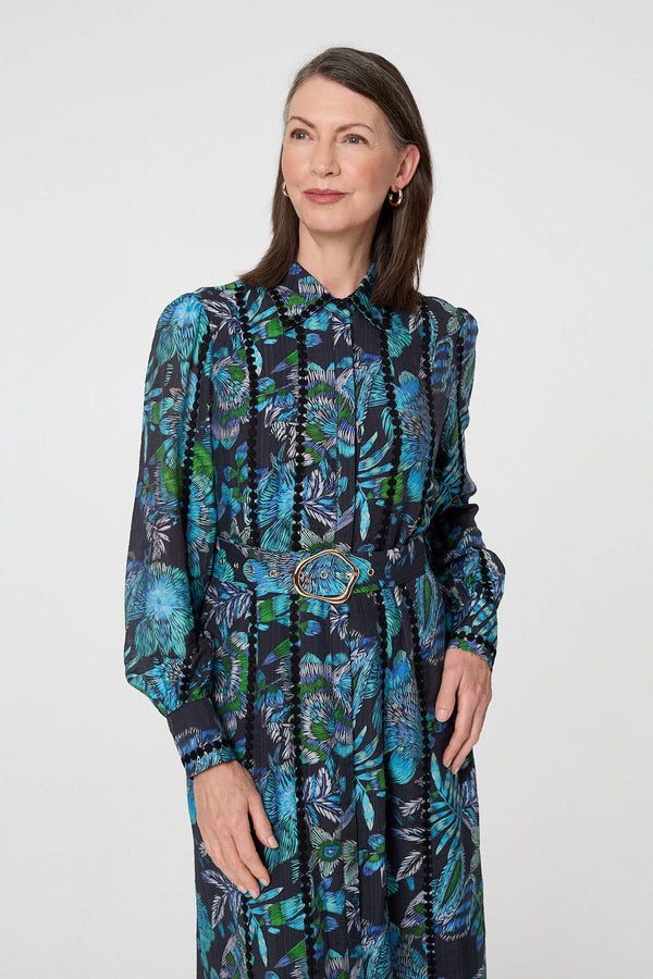 Blue | Printed Embellished Belted Maxi Dress
