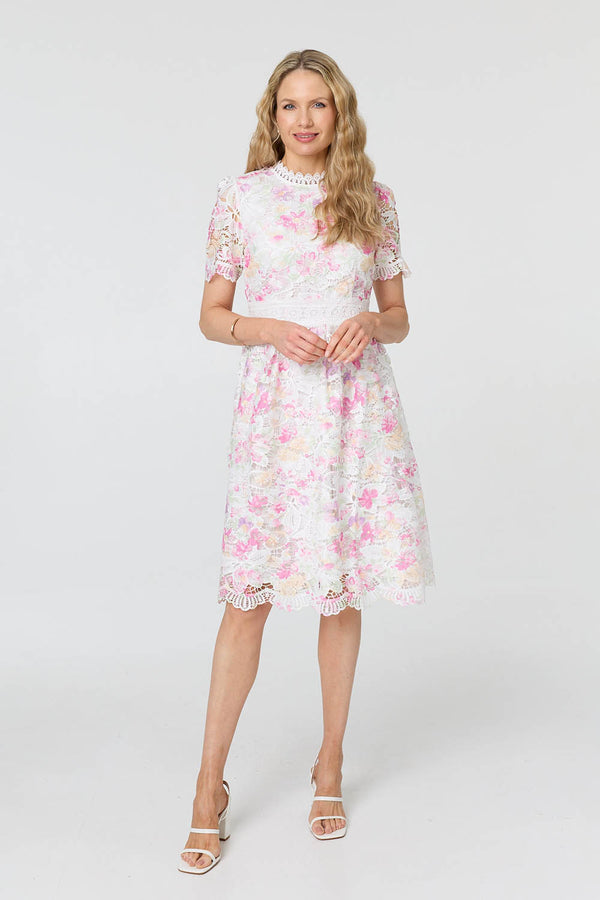 Pink | Lace Short Sleeve Knee Length Dress