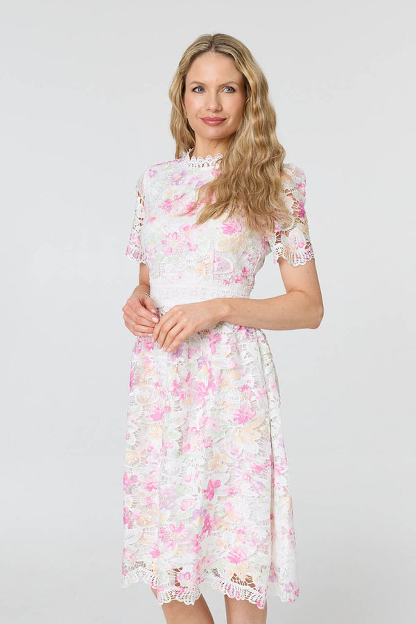 Pink | Lace Short Sleeve Knee Length Dress