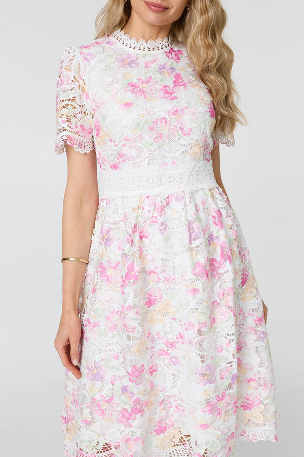 Pink | Lace Short Sleeve Knee Length Dress