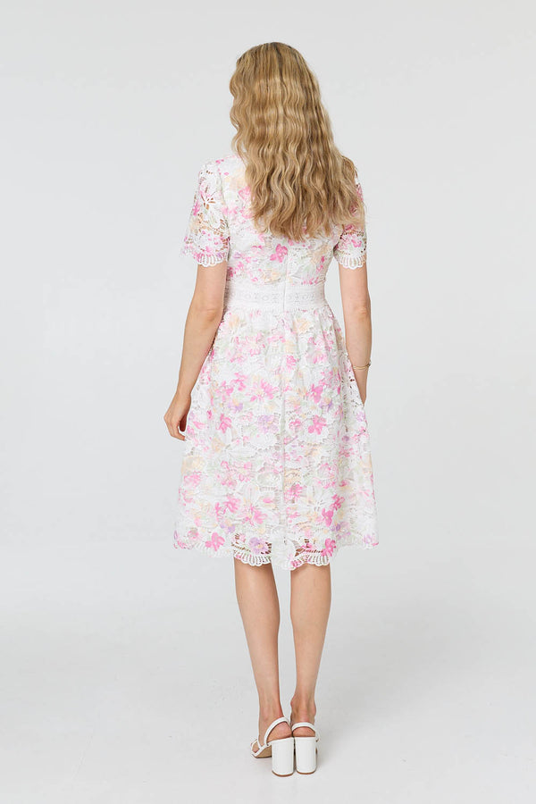 Pink | Lace Short Sleeve Knee Length Dress