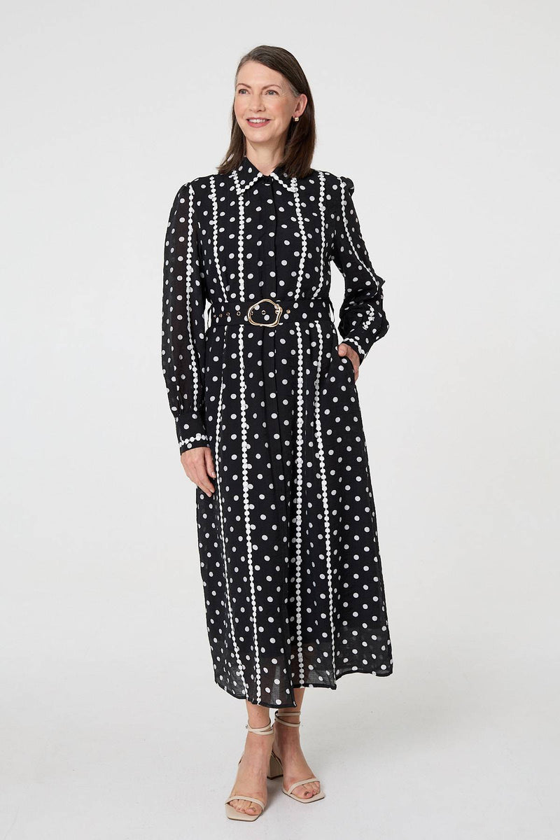 Polka Dot Belted Maxi Shirt Dress