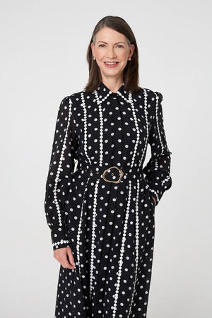 Black | Polka Dot Belted Maxi Shirt Dress
